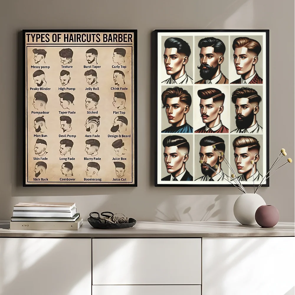 Retro Types Of Haircuts Barber Whitepaper Poster Fancy Wall Sticker for Living Room Bar Decoration Decor Art Wall Stickers