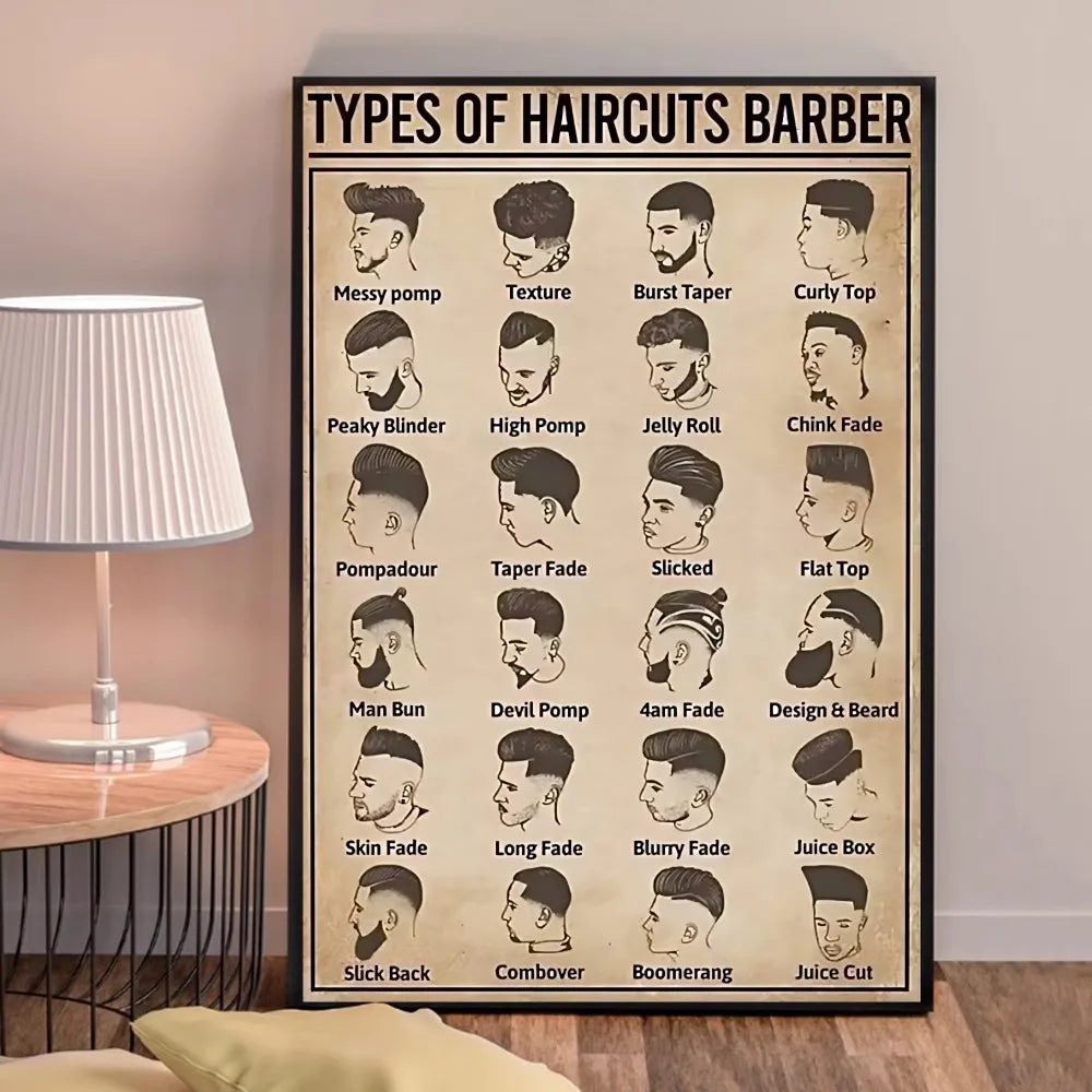 Retro Types Of Haircuts Barber Whitepaper Poster Fancy Wall Sticker for Living Room Bar Decoration Decor Art Wall Stickers