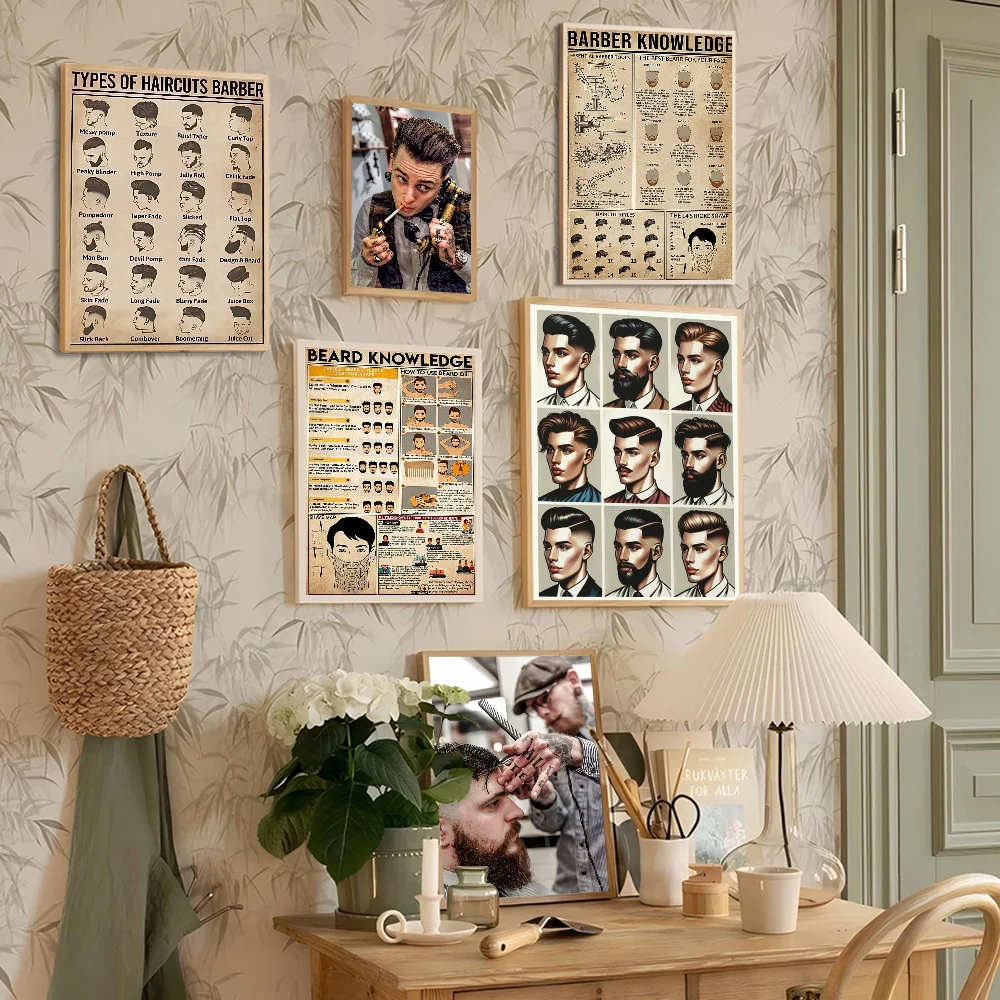 Retro Types Of Haircuts Barber Whitepaper Poster Fancy Wall Sticker for Living Room Bar Decoration Decor Art Wall Stickers