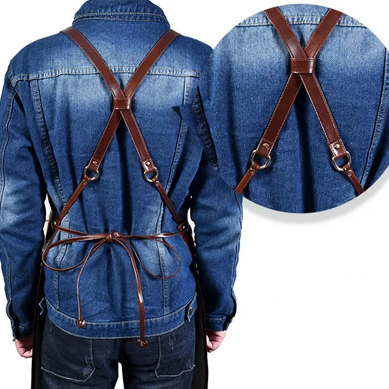 Barbershop Apron PU Leather Crossback Strap Barista Barber Uniform Cafe Bistro Grill Florist Hair Dresser Salon pinafore