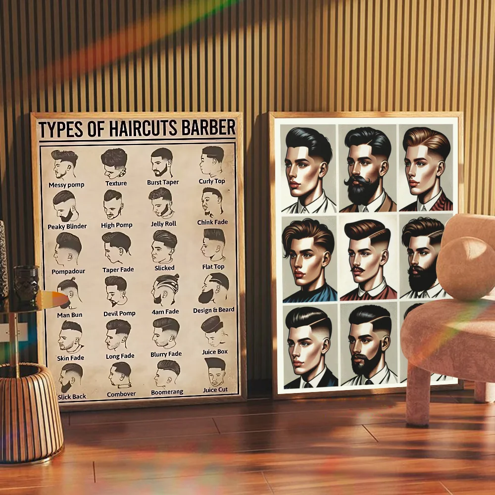 Retro Types Of Haircuts Barber Whitepaper Poster Fancy Wall Sticker for Living Room Bar Decoration Decor Art Wall Stickers